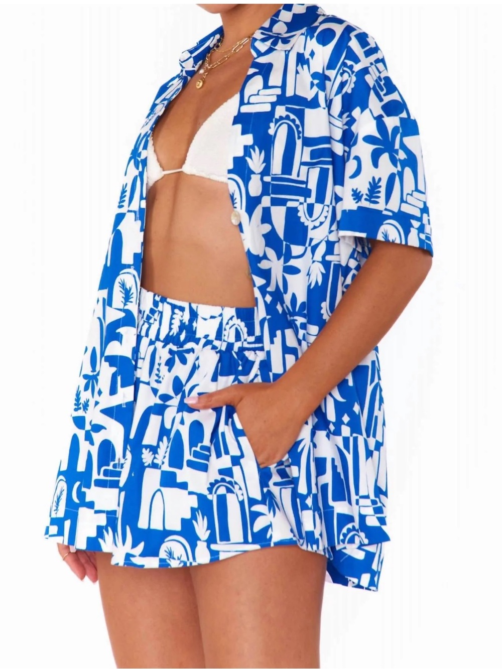 Show Me Your MuMu Blue & White Printed Swim Coverup Set